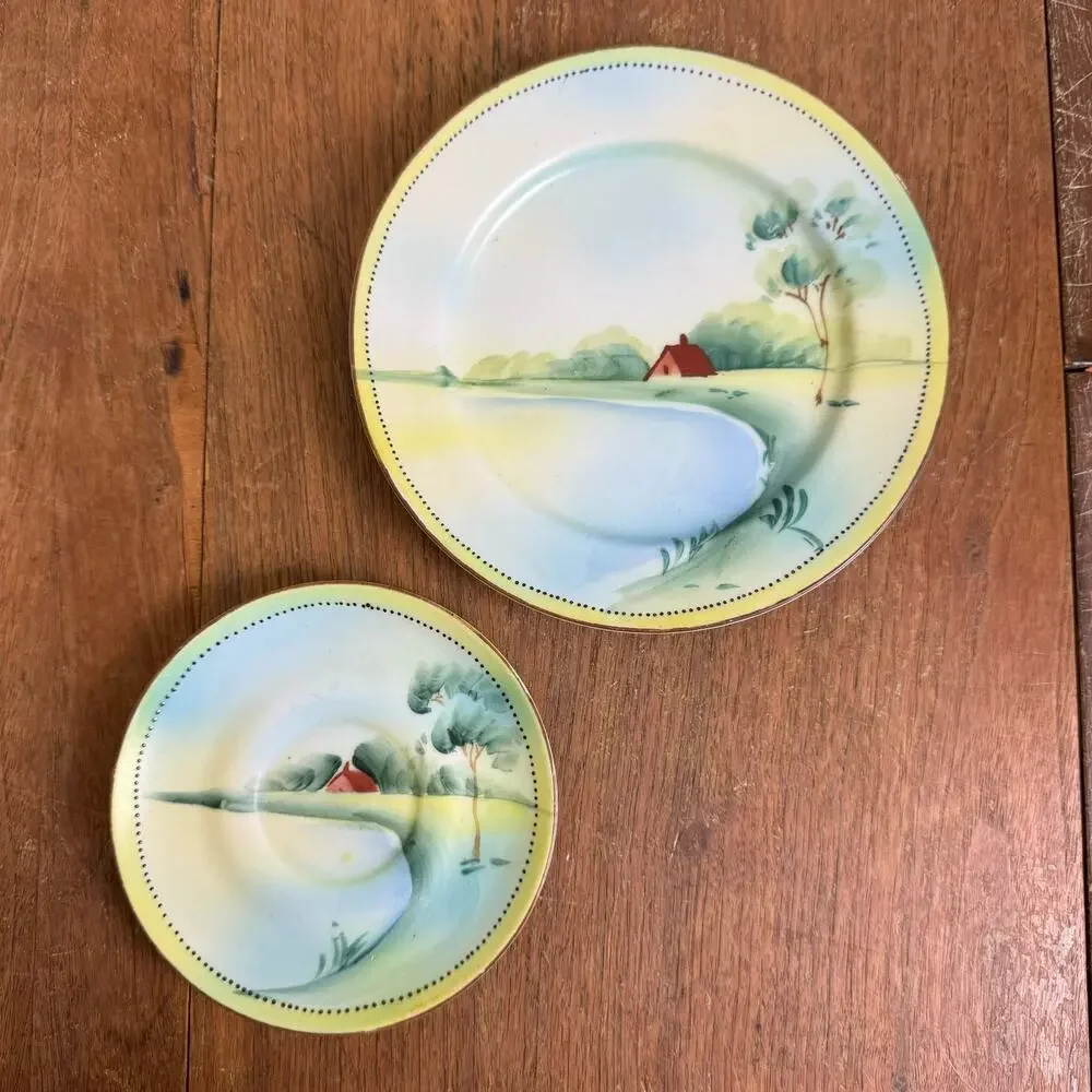 Nippon Vintage Hand painted Porcelain Country Scene Cookie and tea Saucer plates